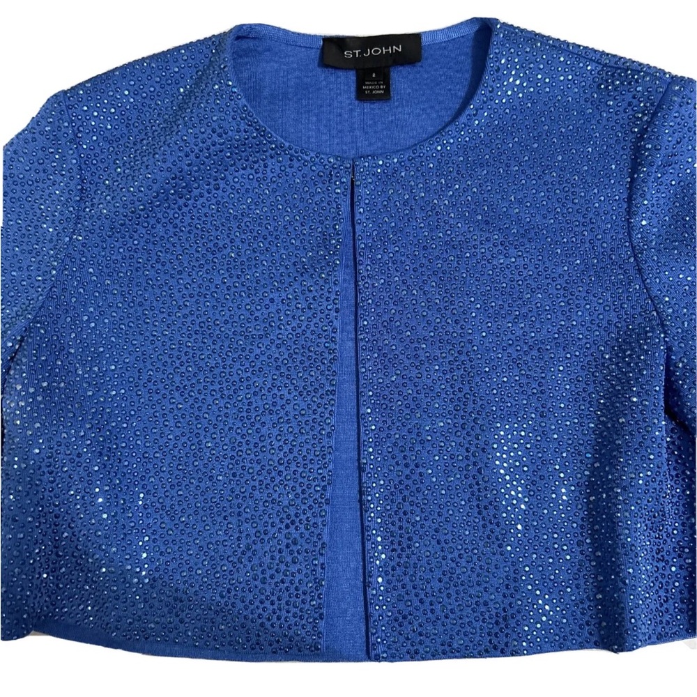 St John Liquid Milano Stud Knit Evening Crop Jacket Royal Blue Rhinestone Size 2 - Picture 6 of 9
